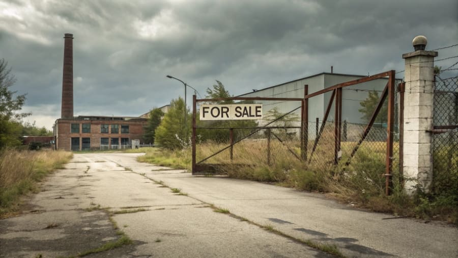 A closed and abandoned factory gate with a 'For Sale' sign