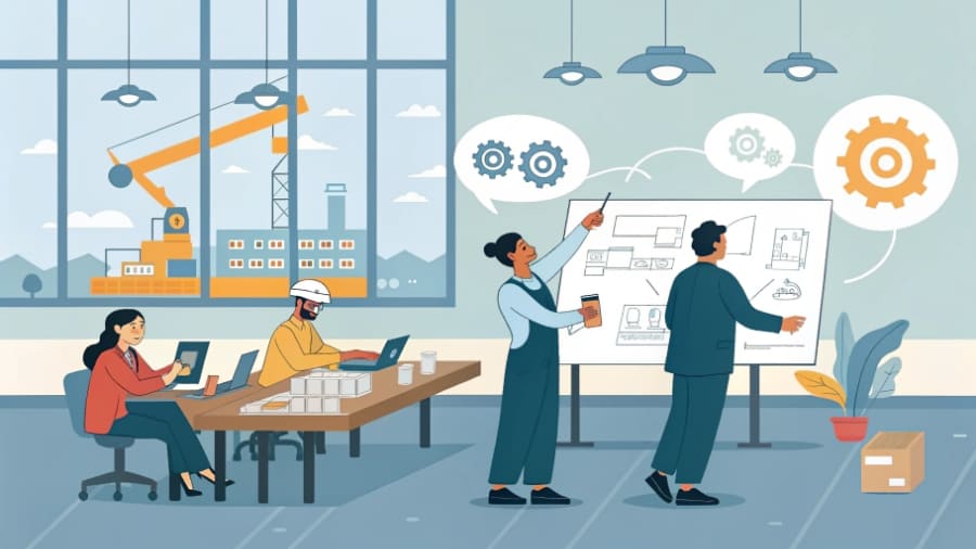 Two engineers collaborating over a faucet prototype in a well-lit workshop